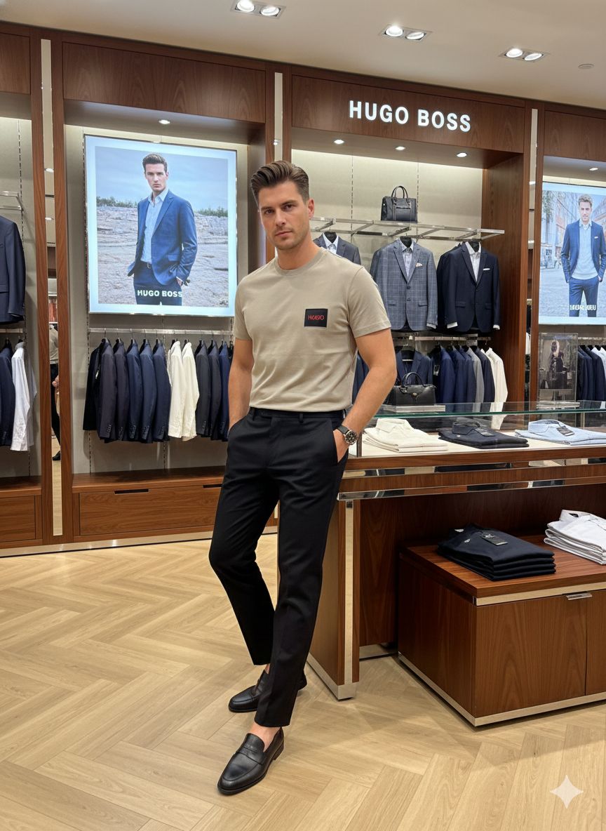 HUGO BOSS || Men's Cotton Jersey T-Shirt – Signature Red Logo Patch Crew Neck