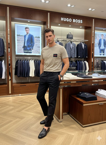 HUGO BOSS || Men's Cotton Jersey T-Shirt – Signature Red Logo Patch Crew Neck