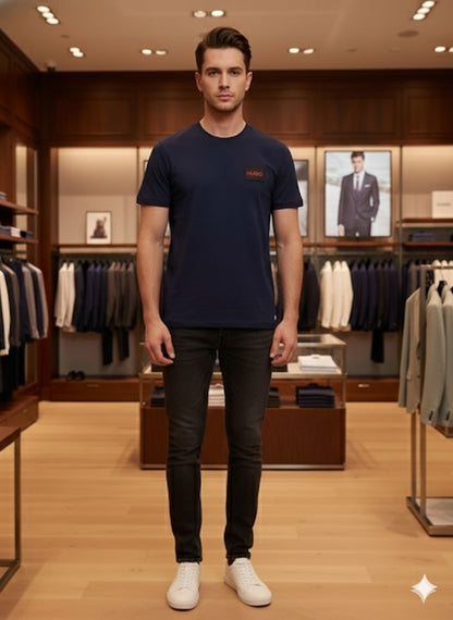 HUGO BOSS || Men's Cotton Jersey T-Shirt – Signature Red Logo Patch Crew Neck