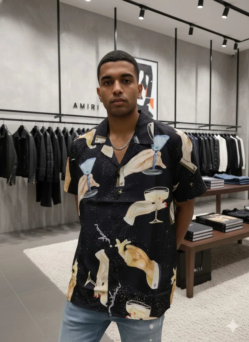 AMIRI || Men’s "Cocktail & Star" Silk Bowling Shirt – Black Graphic Camp Collar Button-Down