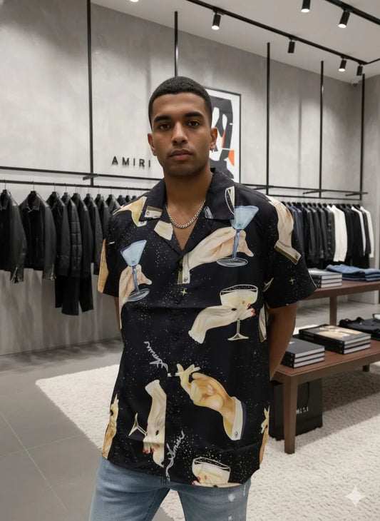 AMIRI || Men’s "Cocktail & Star" Silk Bowling Shirt – Black Graphic Camp Collar Button-Down