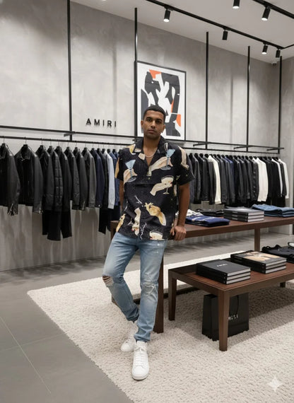 AMIRI || Men’s "Cocktail & Star" Silk Bowling Shirt – Black Graphic Camp Collar Button-Down