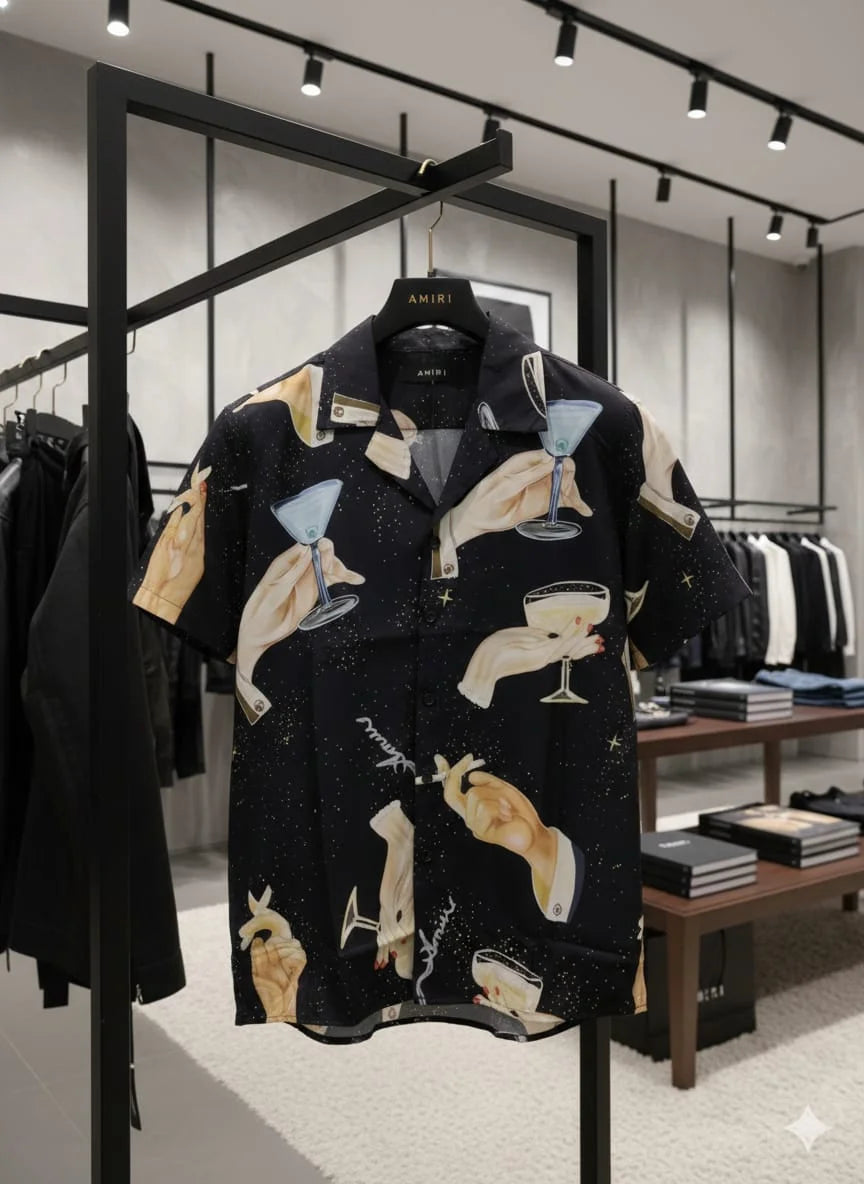 AMIRI || Men’s "Cocktail & Star" Silk Bowling Shirt – Black Graphic Camp Collar Button-Down