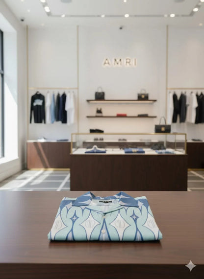 AMIRI || Men's Geometric Silk-Blend Bowling Shirt – Blue and Teal Mid-Century Print