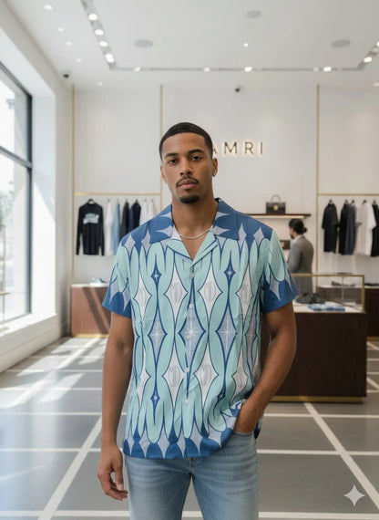 AMIRI || Men's Geometric Silk-Blend Bowling Shirt – Blue and Teal Mid-Century Print