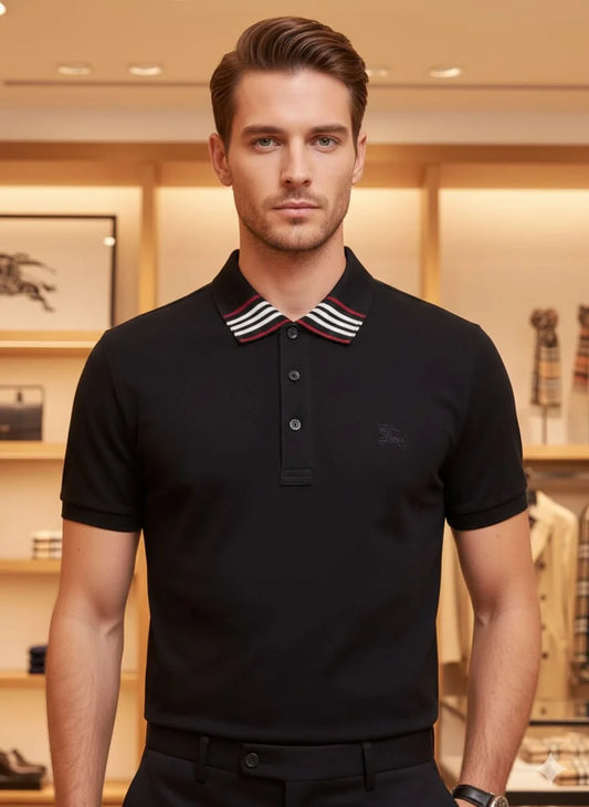 BURBERRY || Monogram Motif Cotton Pique Polo Shirt – Striped Collar Collection