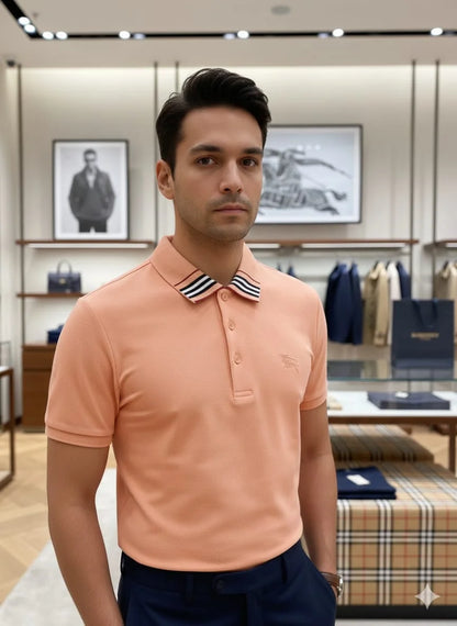 BURBERRY || Monogram Motif Cotton Pique Polo Shirt – Striped Collar Collection