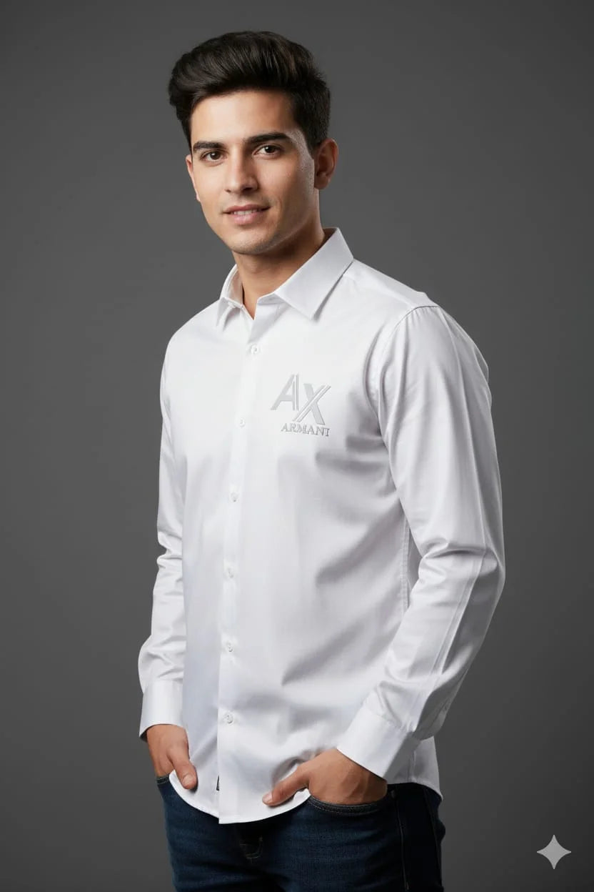 ARM*NI EXCH*NGE || Armani Exchange Men's Logo Graphic Long-Sleeve Slim-Fit Casual Shirt