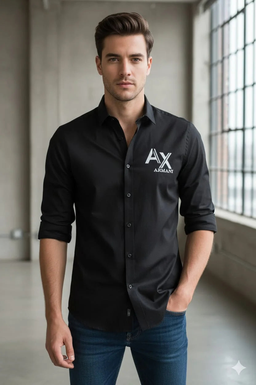 ARM*NI EXCH*NGE || Armani Exchange Men's Logo Graphic Long-Sleeve Slim-Fit Casual Shirt