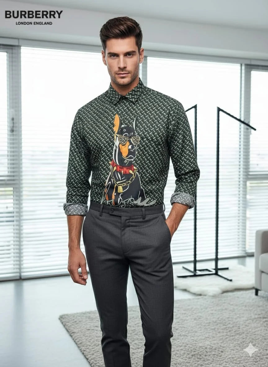 BURBERRY || Burberry Men’s Doberman Graphic Monogram Print Slim-Fit Cotton Shirt