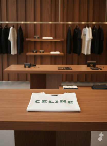 CELINE || Homme Loose T-Shirt in Cotton Jersey with Athletic Logo – Chalk/Forest Green