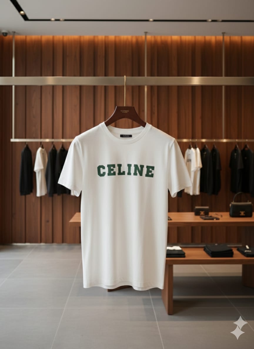 CELINE || Homme Loose T-Shirt in Cotton Jersey with Athletic Logo – Chalk/Forest Green
