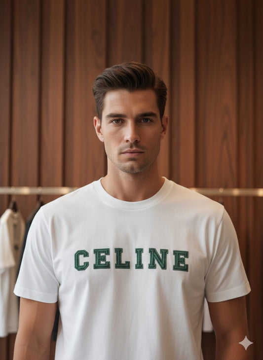 CELINE || Homme Loose T-Shirt in Cotton Jersey with Athletic Logo – Chalk/Forest Green