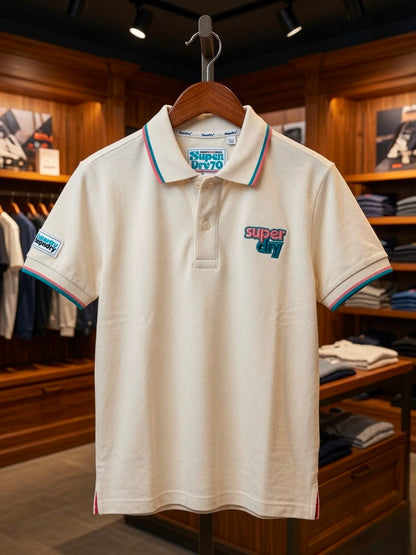 Boys Superdry cream premium polo T-shirt in regular fit
