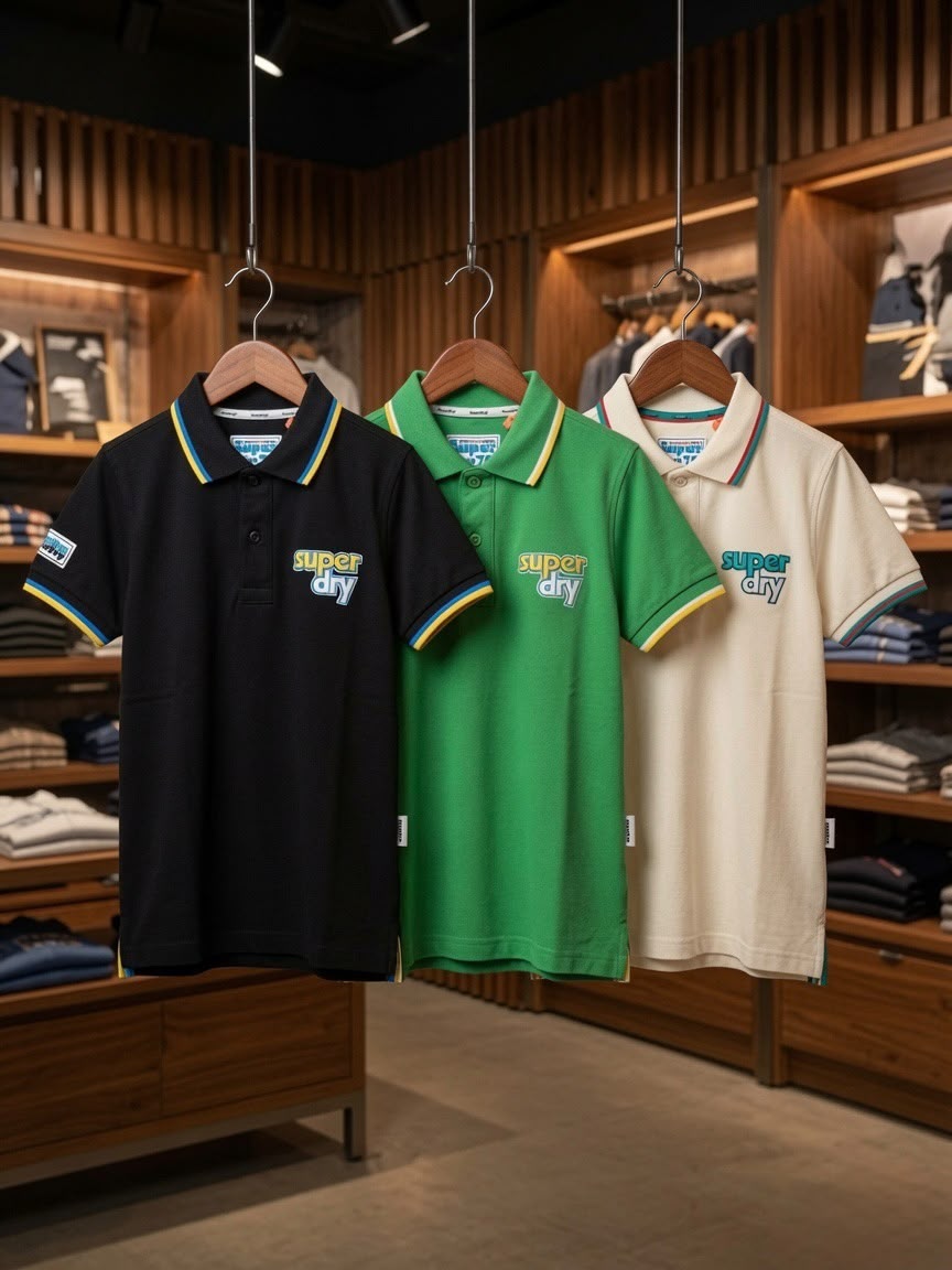 Premium Superdry boys polo T-shirts available in cream, black, and green

