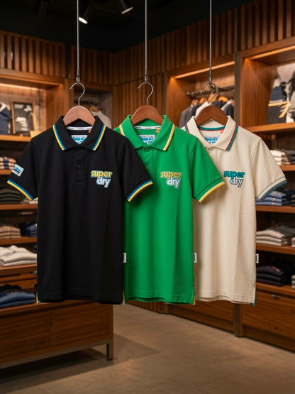 Premium Superdry boys polo T-shirts available in cream, black, and green
