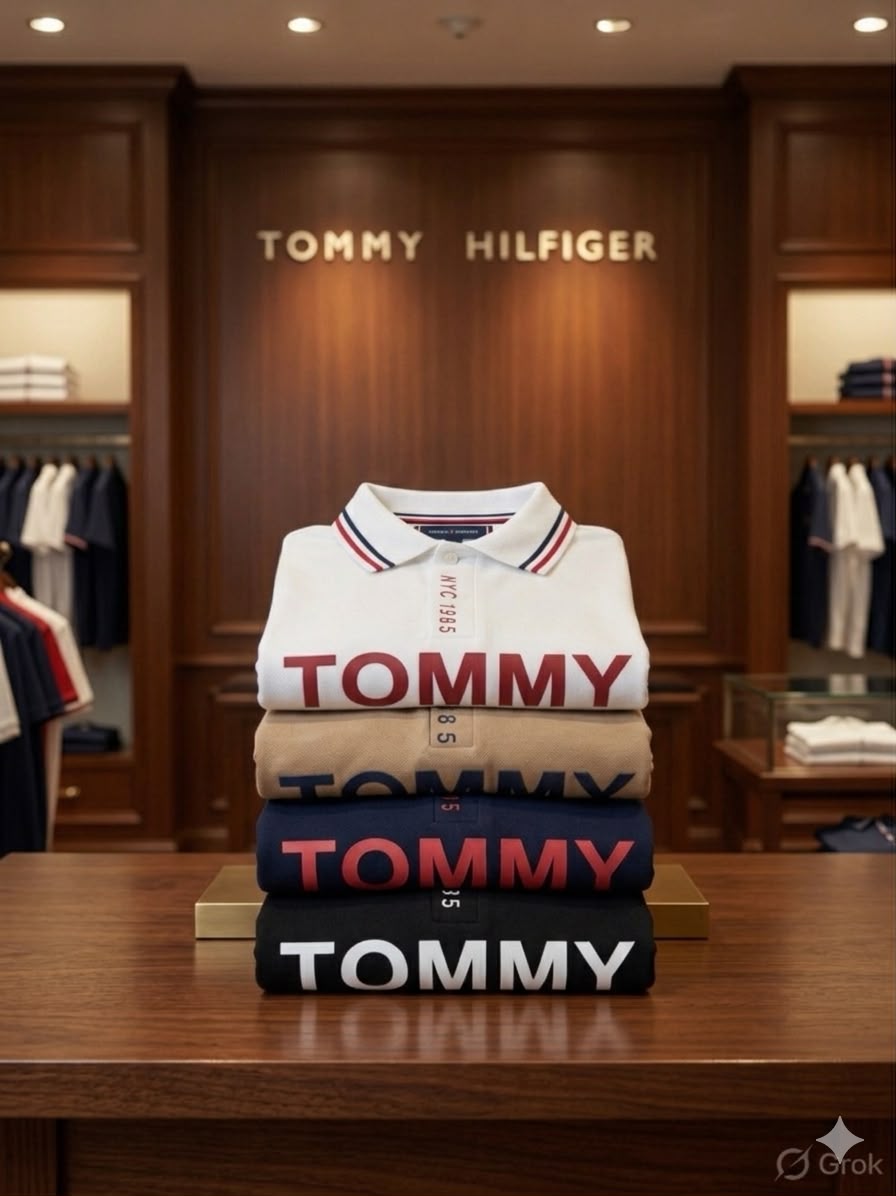 Tommy Hilfiger Kids designer-inspired polo T-shirts with front print work in white, beige, navy, and black
