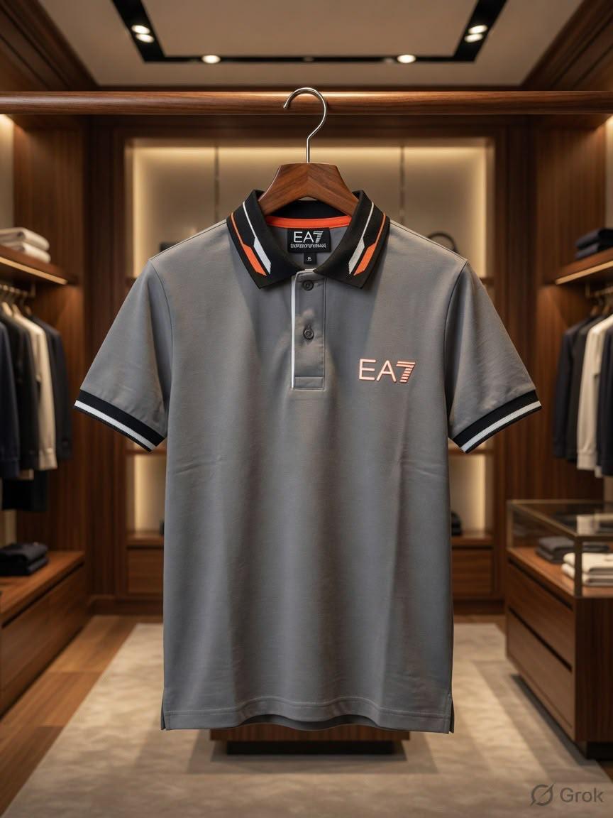 Emporio Armani Kids grey premium Lycra jacquard polo T-shirt

