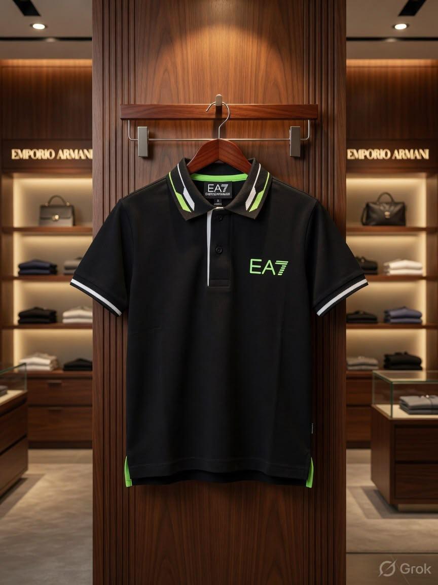 Emporio Armani Kids black premium Lycra jacquard polo T-shirt