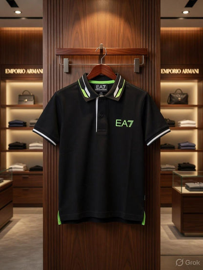 Emporio Armani Kids black premium Lycra jacquard polo T-shirt