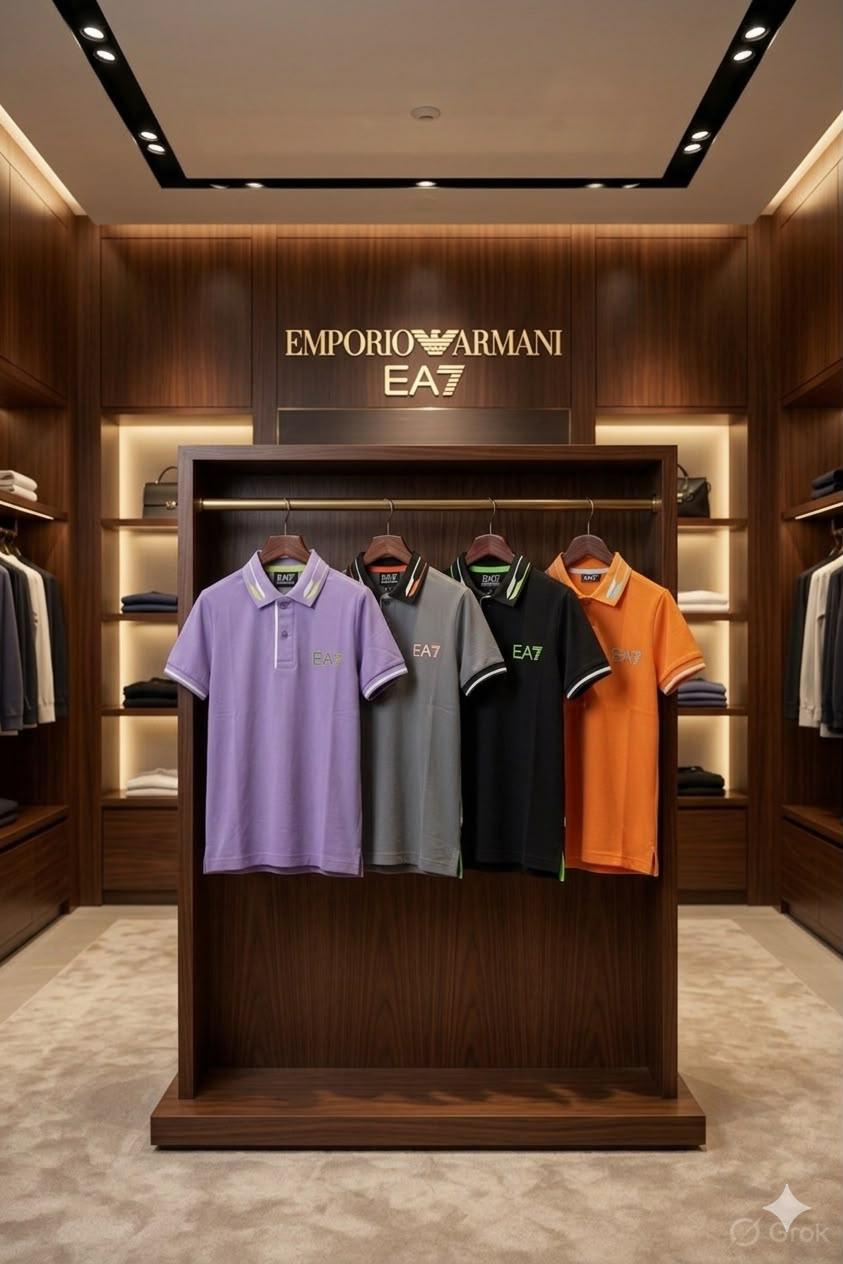 Emporio Armani Kids premium Lycra jacquard polo T-shirts in grey, purple, orange, and black
