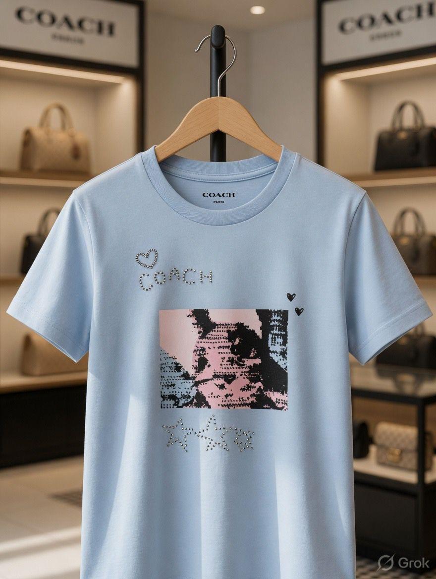Coach Sky Blue Tee – Worn by Model Closeup	