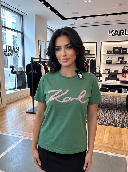 Karl Lagerfeld teal blue premium women's Lycra T-shirt
