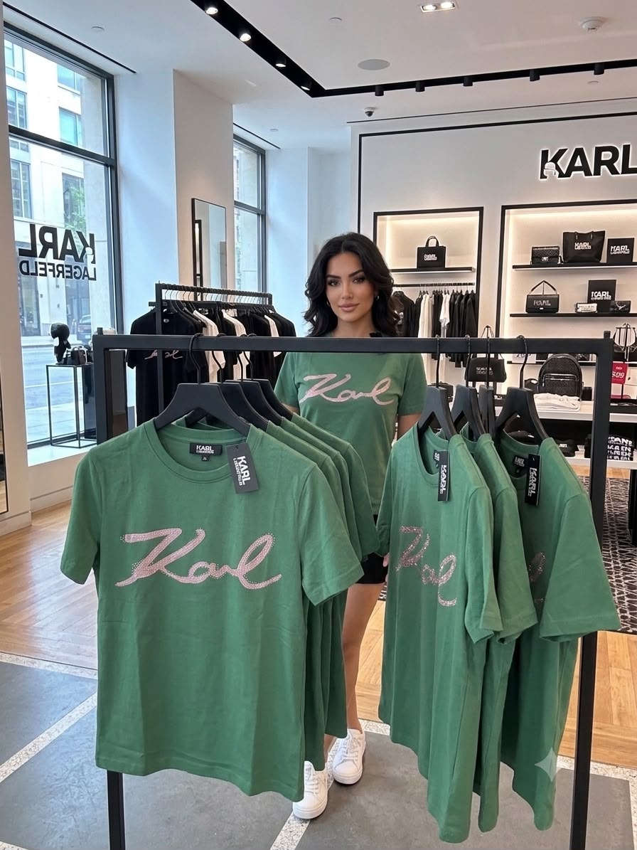 Women's Karl Lagerfeld teal blue relaxed fit designer tee

