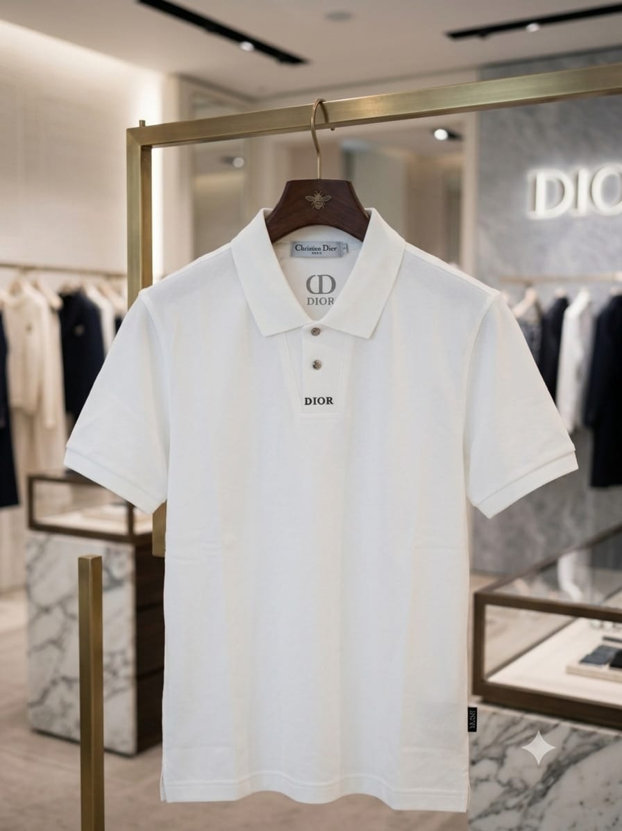 Dior white stitchless zip polo t-shirt for men front view premium fit
