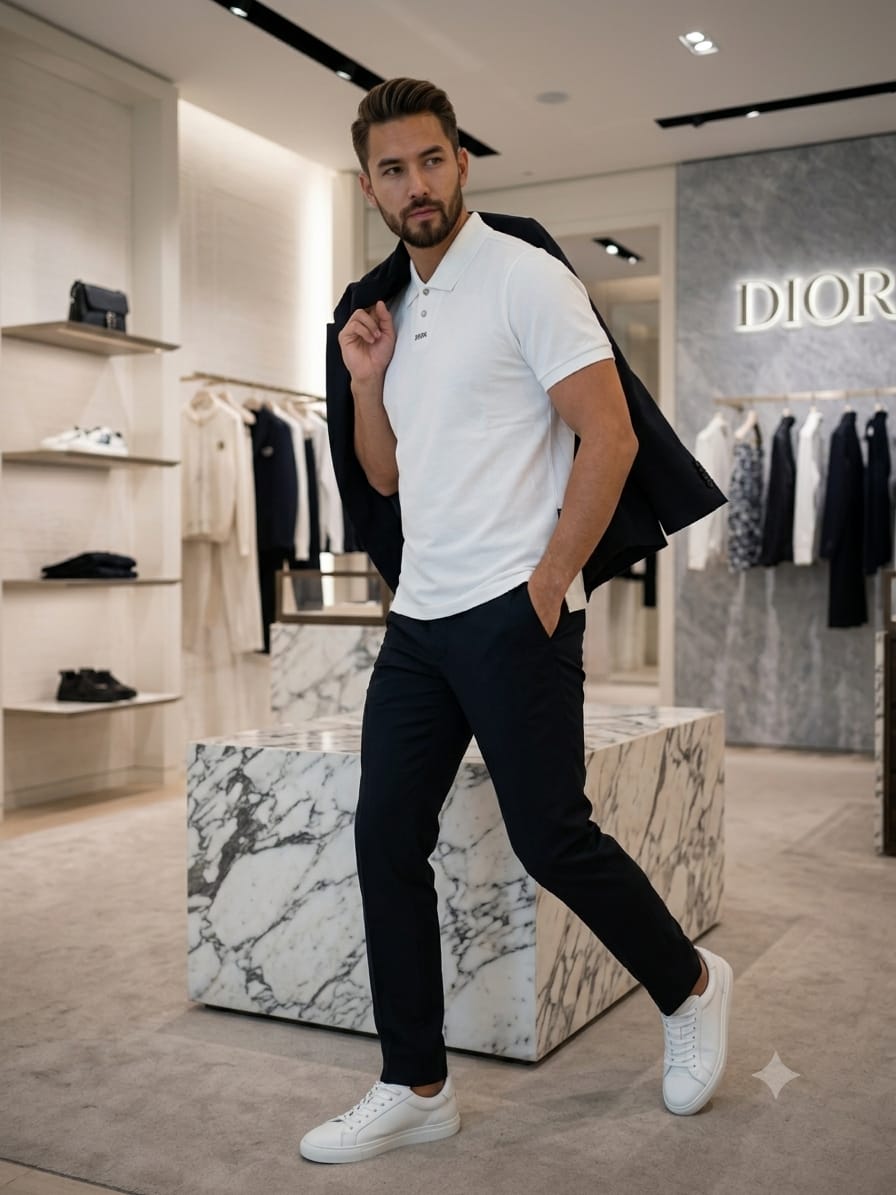 Men's Dior white premium polo t-shirt with zip collar and regular fit
