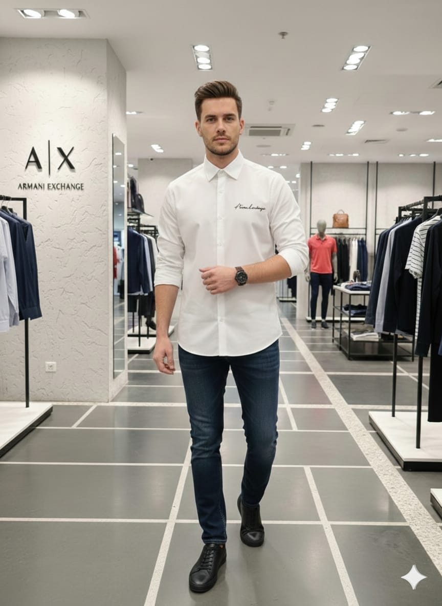 Front view of Armani Exchange white regular fit plus size shirt
