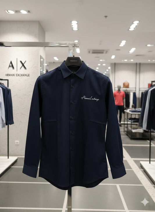 Front view of Armani navy regular fit premium cotton shirt
