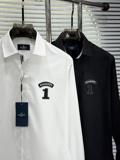Front view of Hackett London black regular fit cotton shirt
