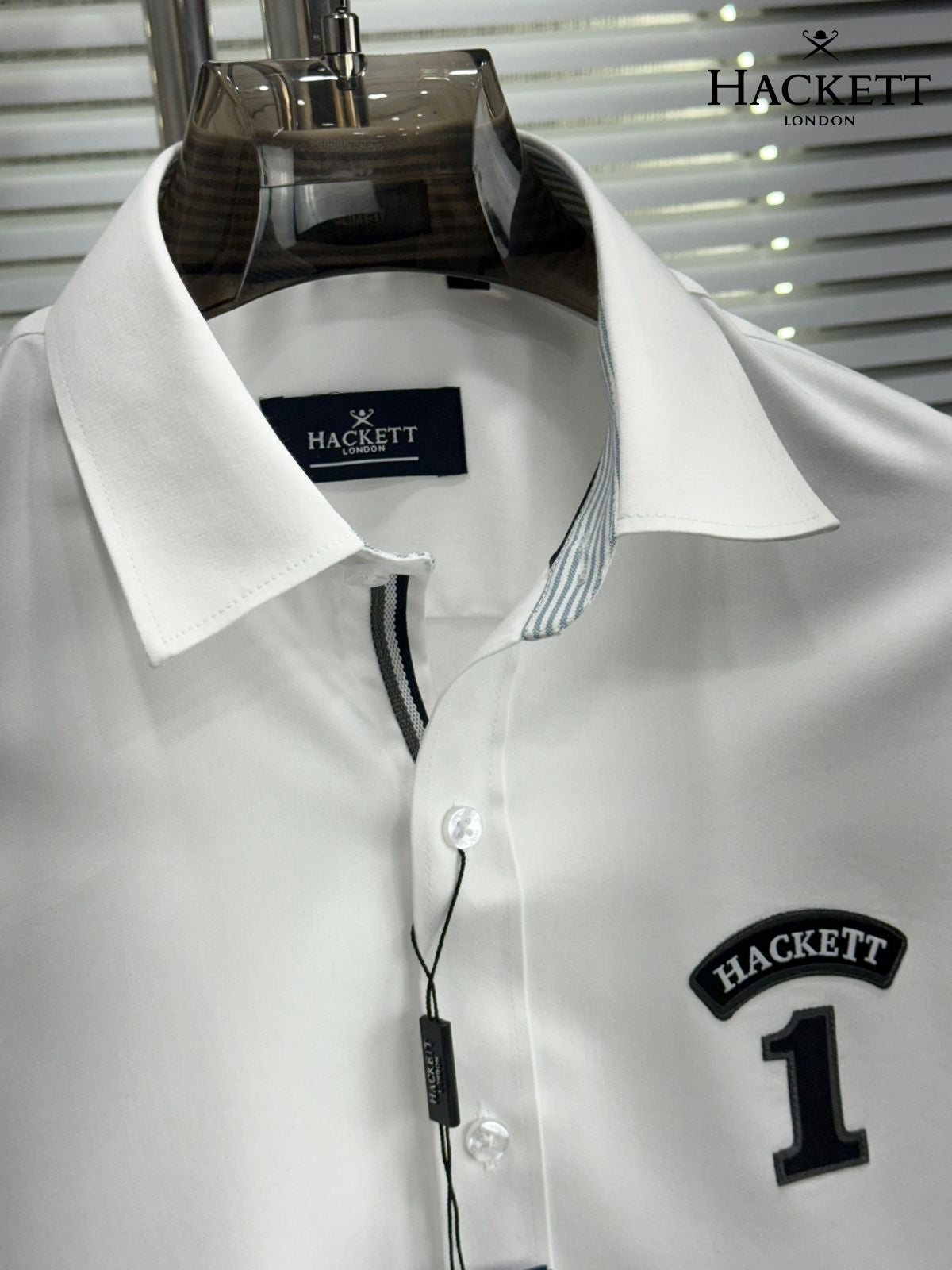Front view of Hackett London white regular fit cotton shirt
