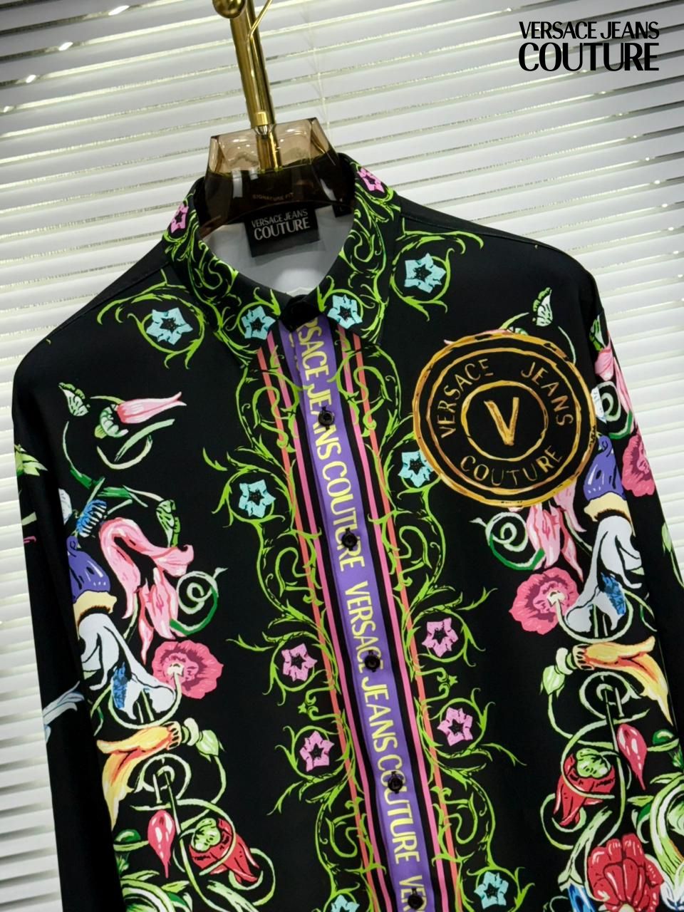Men's Versace black Italian yarn dyed cotton shirt with branded buttons
