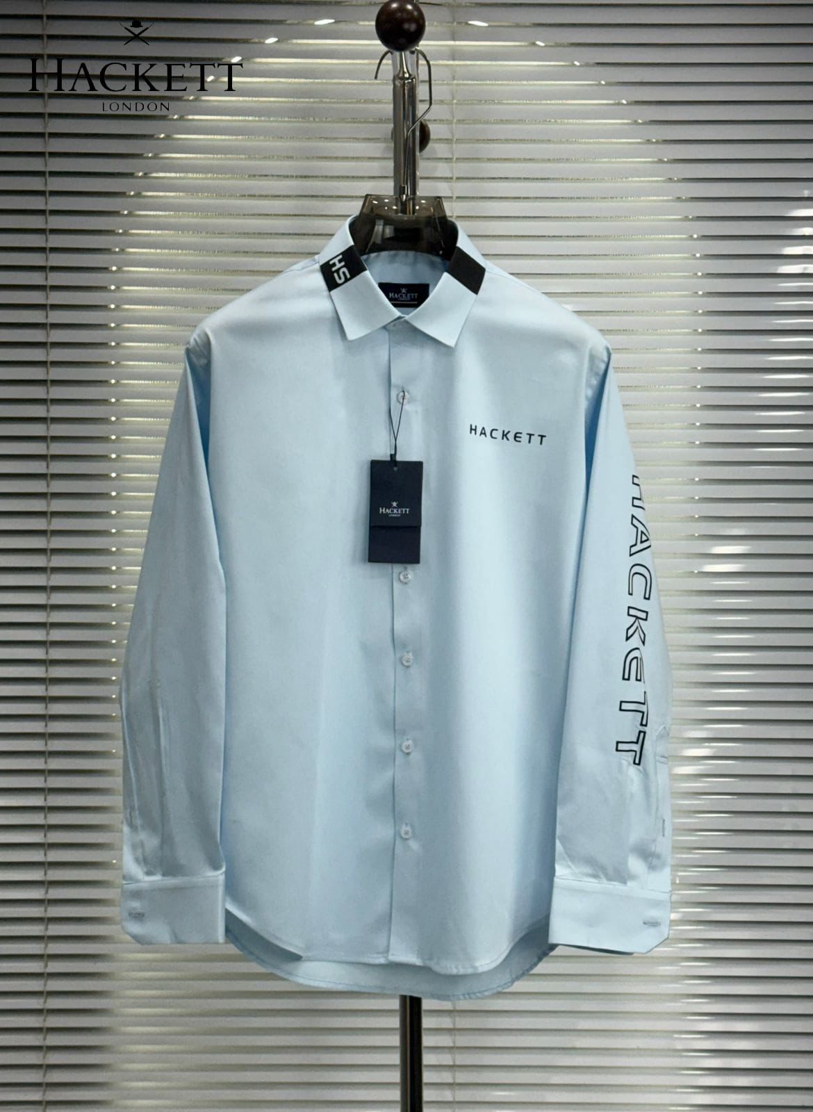 Front view of Hackett London sky blue regular fit cotton shirt
