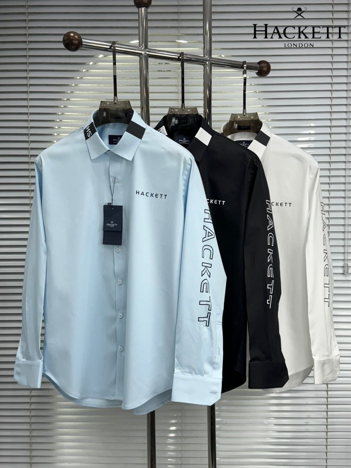 Front view of Hackett London black premium cotton shirt for men
