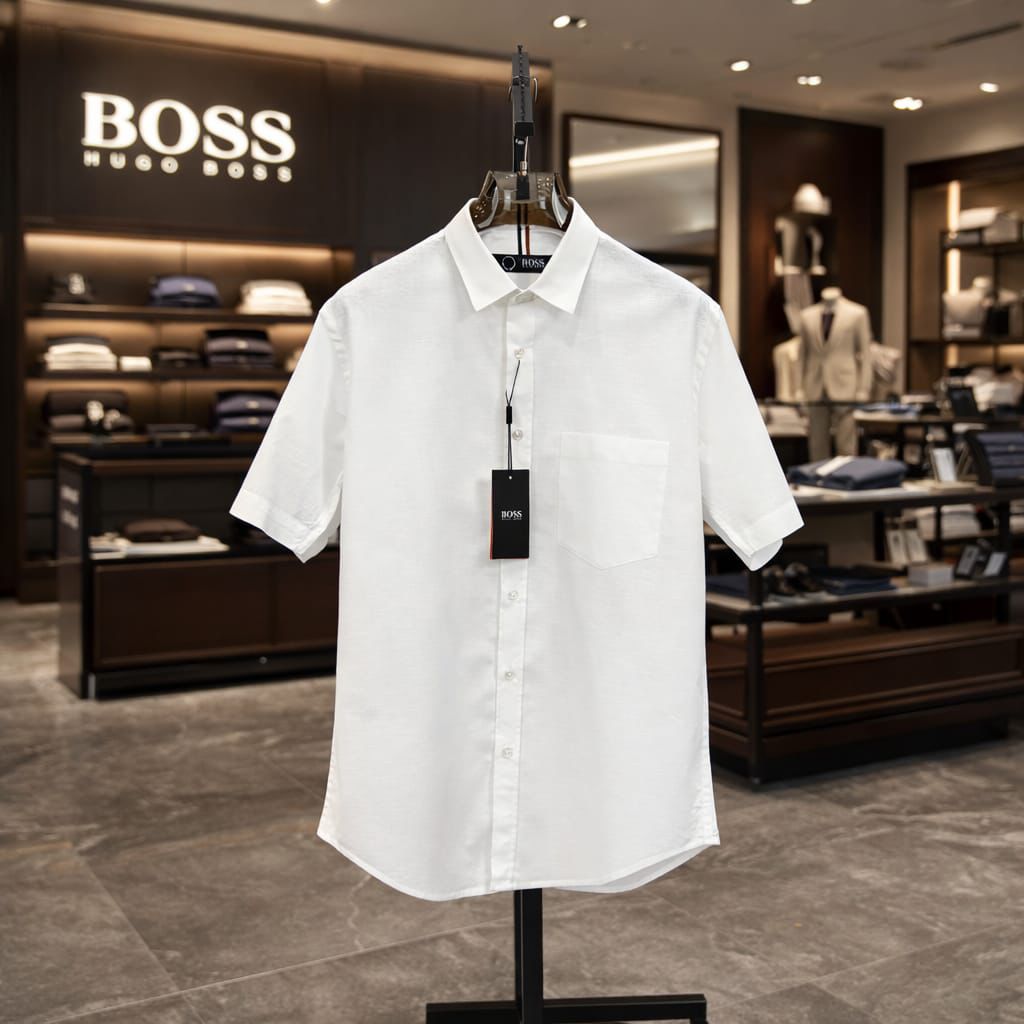 BOSS white premium regular fit linen cotton shirt with full sleeves for men

