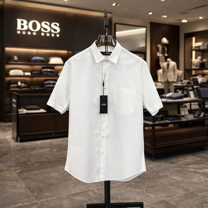 BOSS white premium regular fit linen cotton shirt with full sleeves for men
