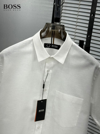 Front view of BOSS white regular fit summer shirt for men
