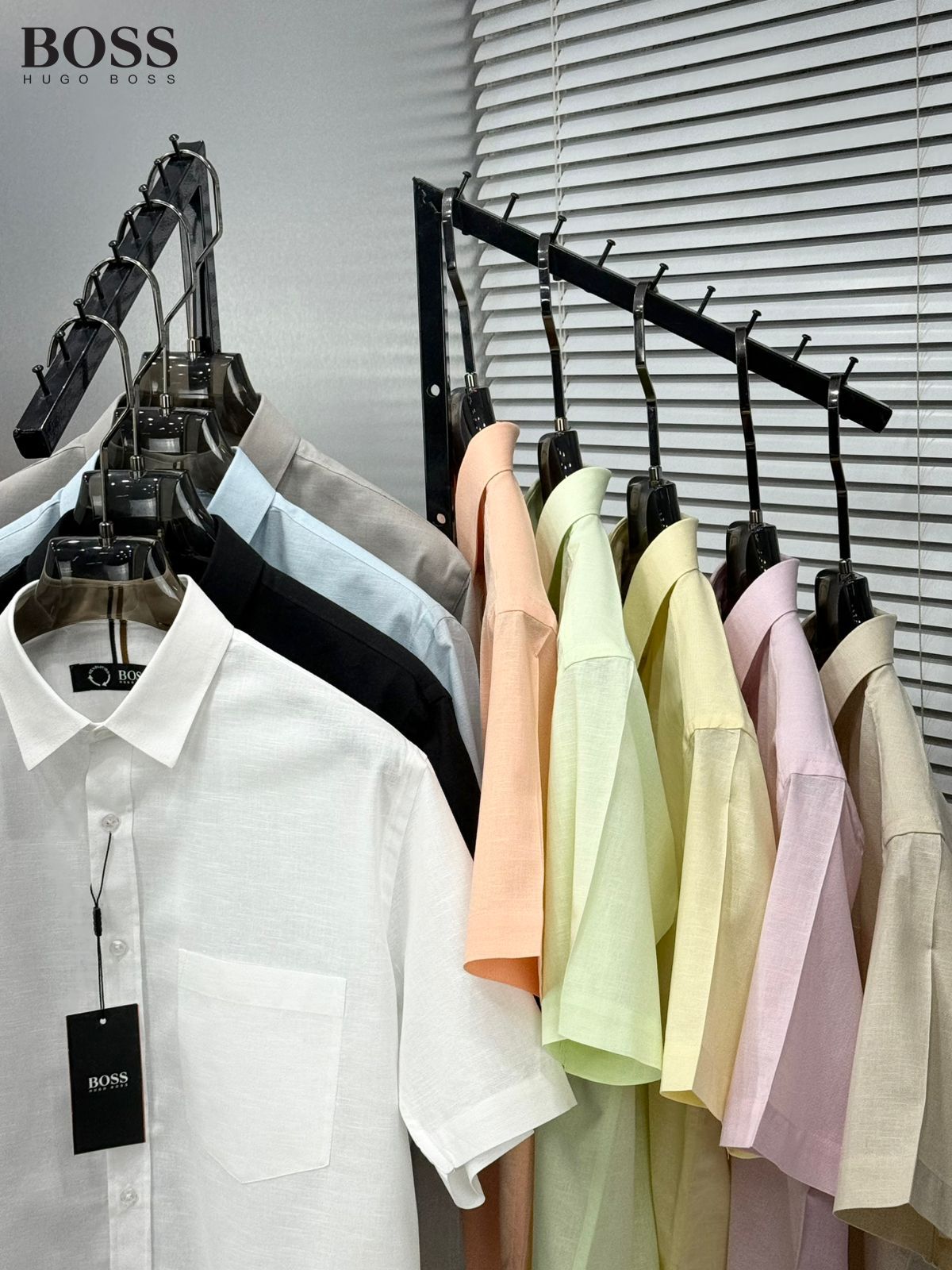BOSS premium linen cotton shirt collection for men in yellow, white, grey, pink, black, green, cream, orange and blue regular fit shirts
