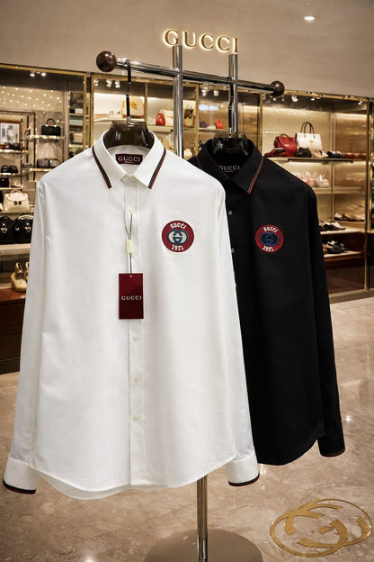 Men's Gucci premium cotton casual shirt available in white and black with branded buttons and original packaging