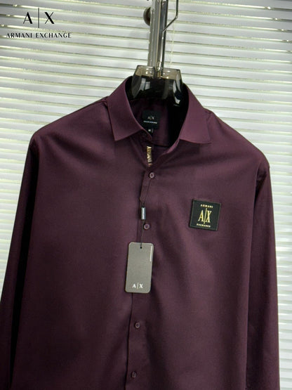 Armani Exchange wine premium cotton shirt for men with embossed buttons and regular fit
