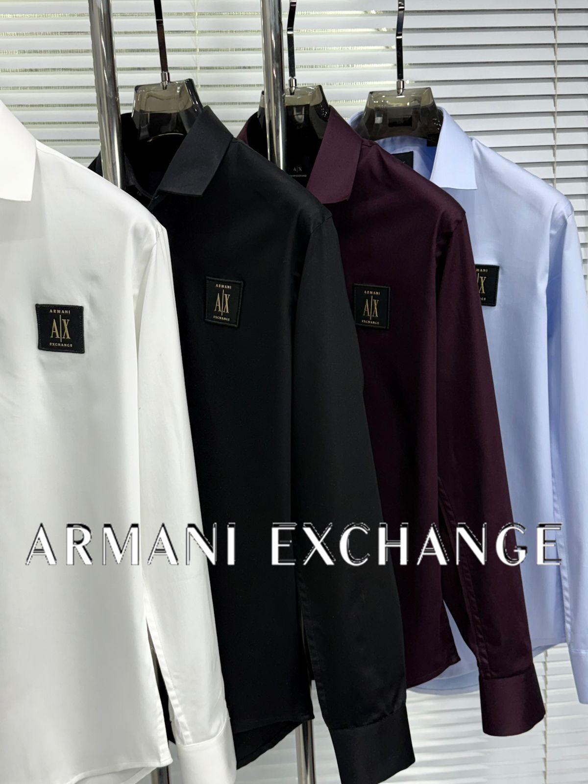 Armani Exchange premium cotton shirt collection for men in white, black, sky blue and wine with regular fit and embossed buttons
