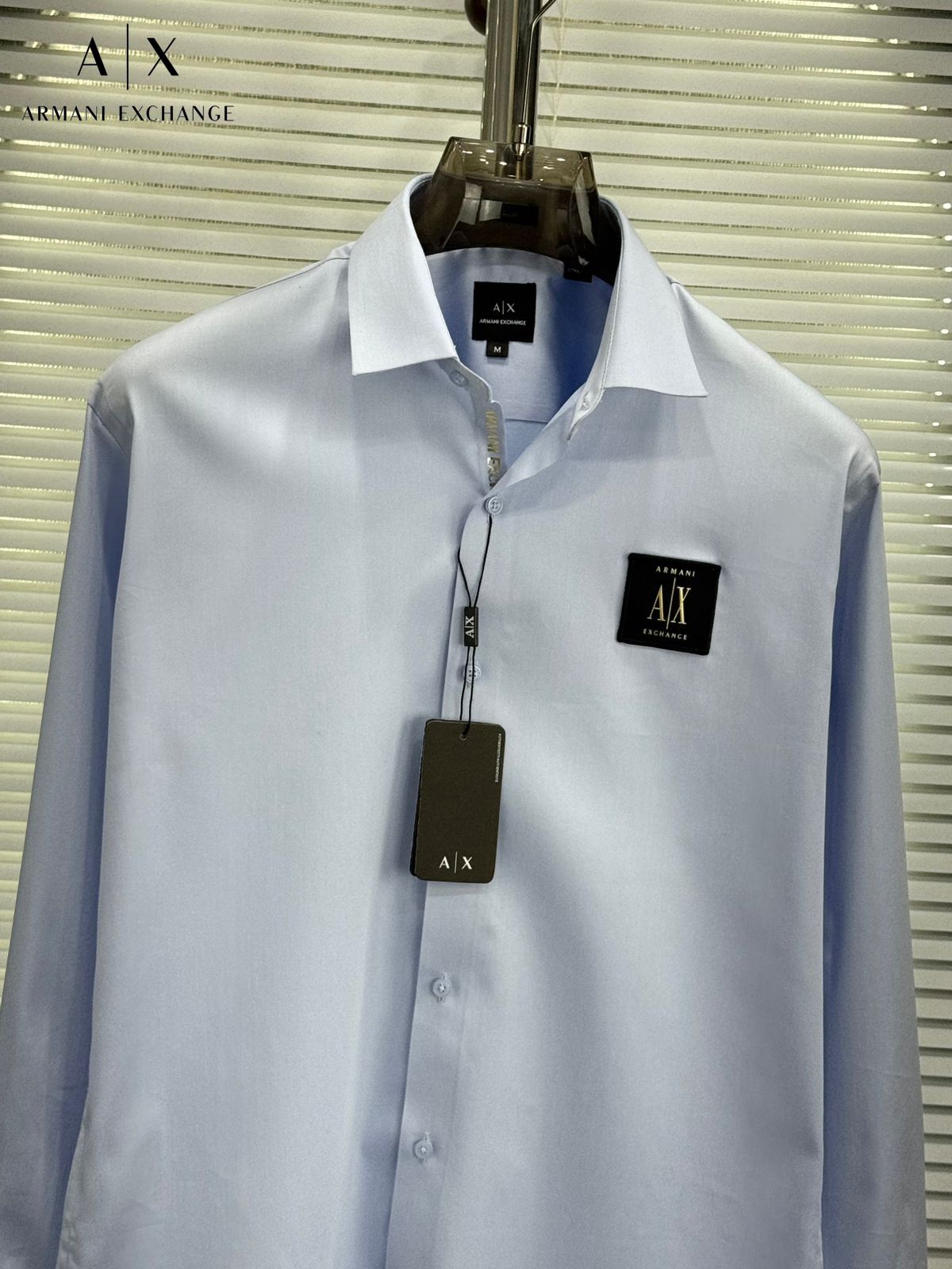 Armani Exchange sky blue premium cotton shirt for men with full sleeves and regular fit
