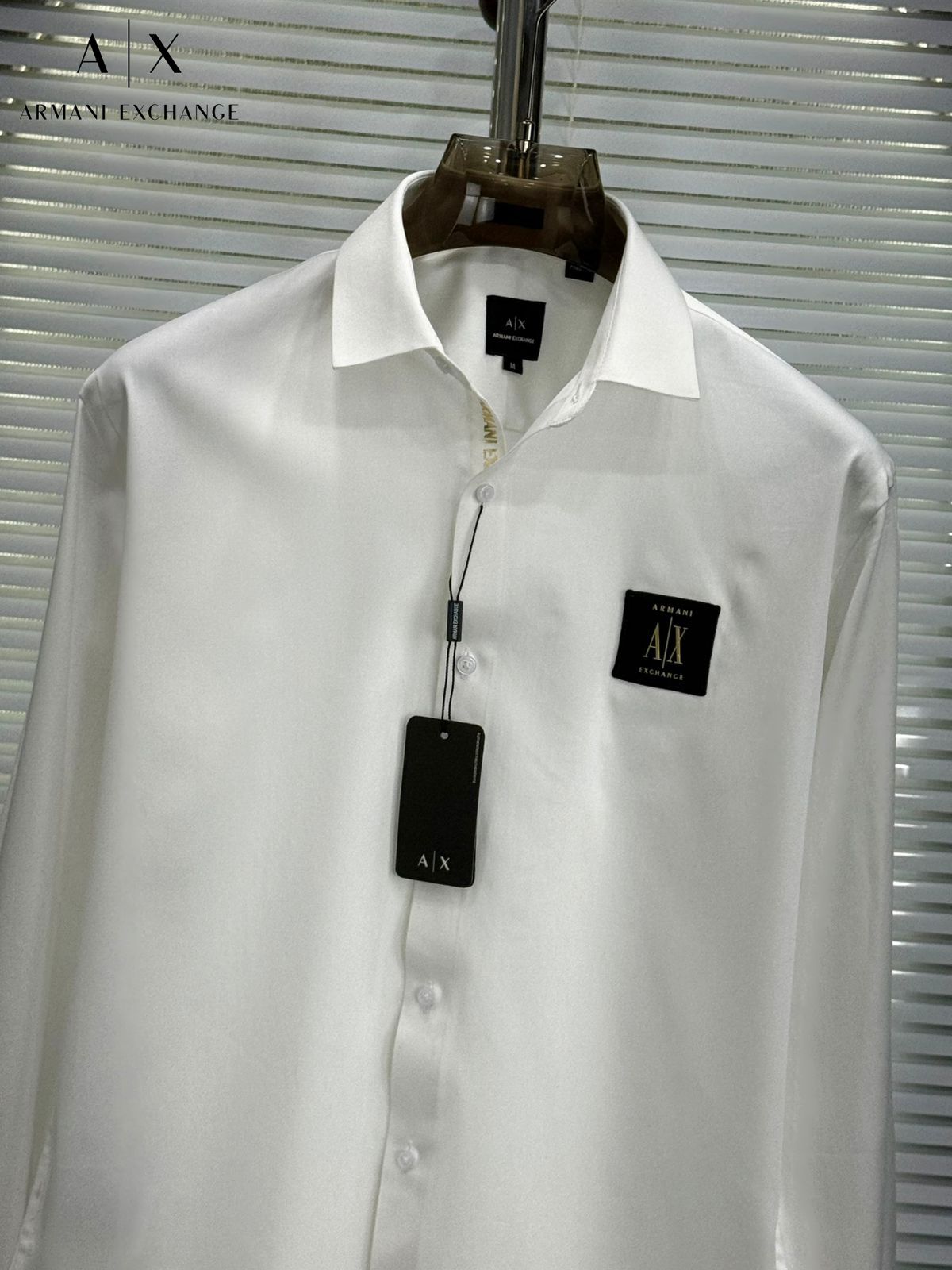 Armani Exchange white premium cotton shirt for men with regular fit and embossed buttons
