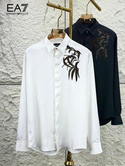 Men's Emporio Armani black regular fit luxury shirt with stone work
