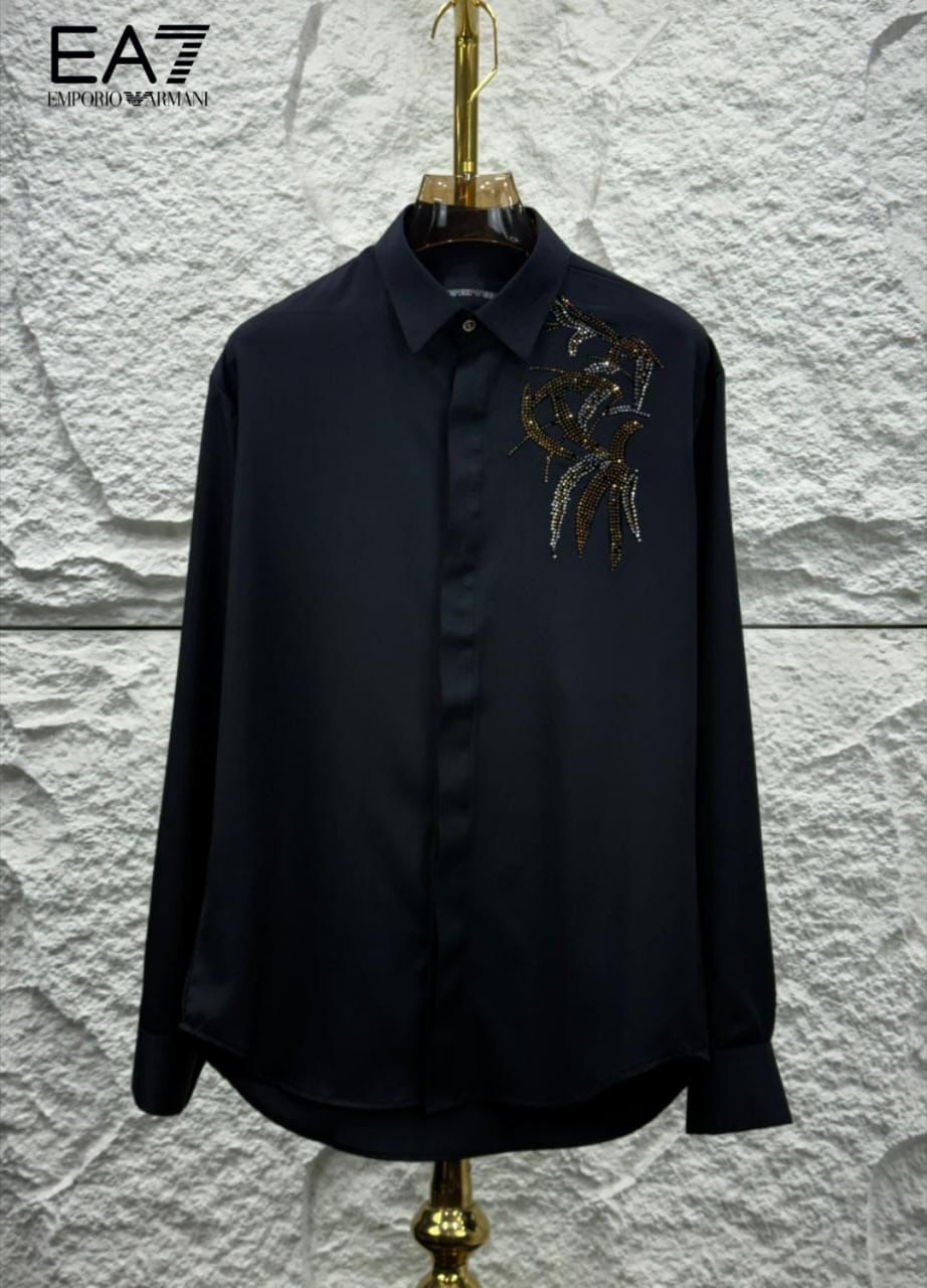 Men's Emporio Armani navy regular fit premium shirt with elegant stone work
