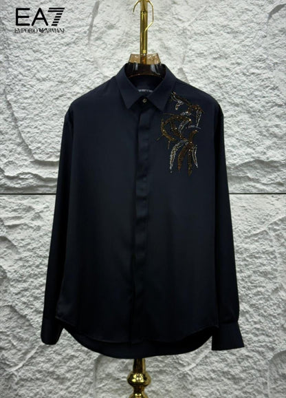 Men's Emporio Armani navy regular fit premium shirt with elegant stone work
