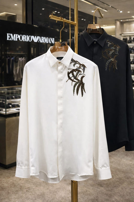 Men's Emporio Armani white regular fit shirt with elegant stone work detailing